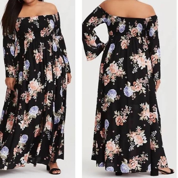 torrid Dresses & Skirts - Torrid Black Floral Smocked Off The Shoulder Long Sleeve Maxi Dress Size 2